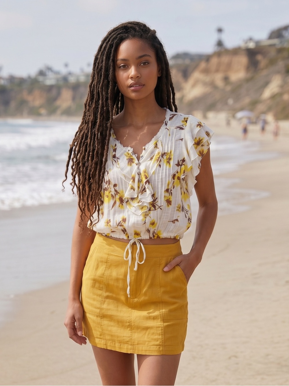 Free People Cream Floral Ruffle Tie-Hem Blouse